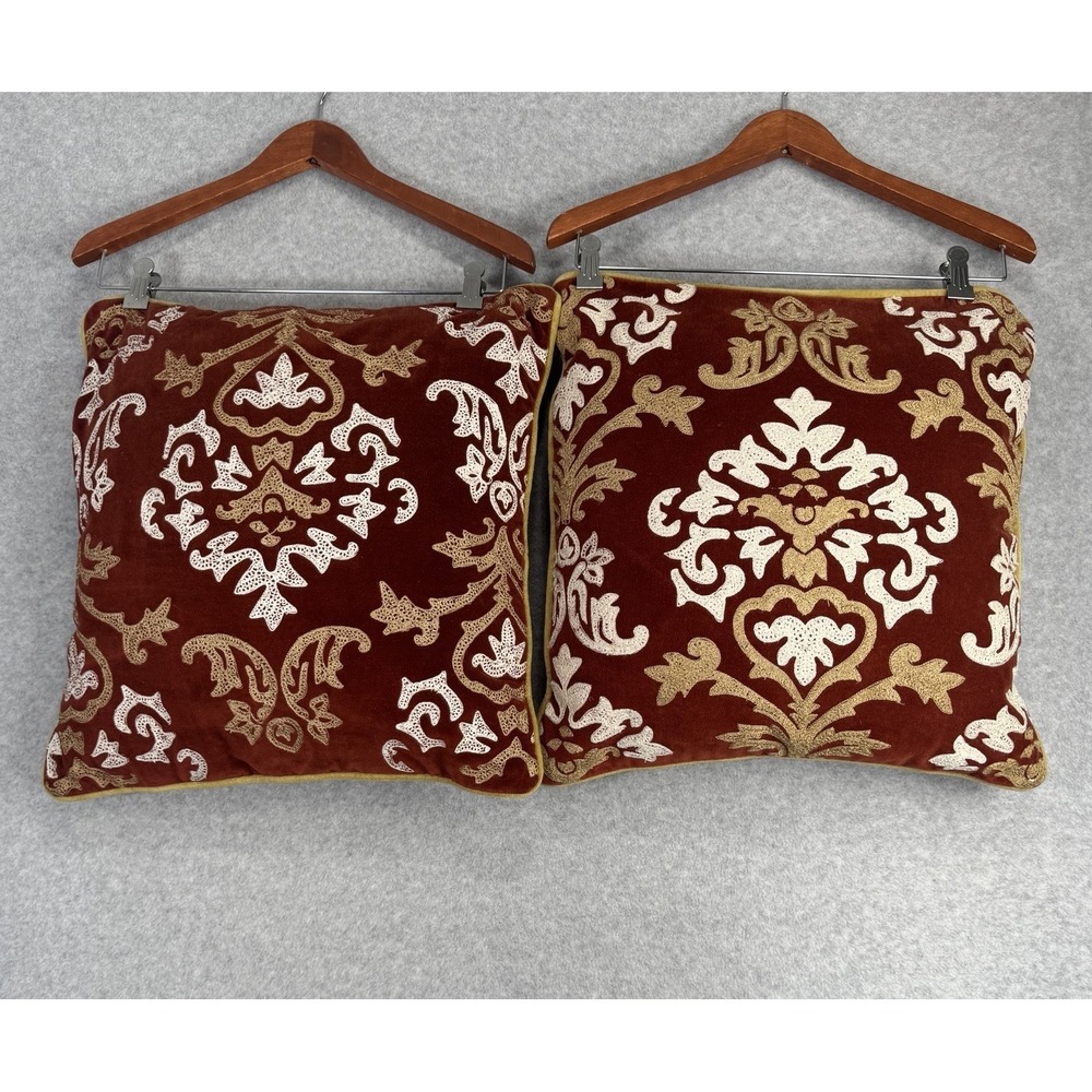 Pier 1 Imports Embroidered Velvet Pillows Set Of 2 Rust Gold 18x18 Zipper Cotton